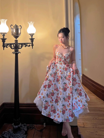 Princess A Line Spaghetti Strap Print Floral Satin Prom Dress 16th Birthday Dress HZ1023